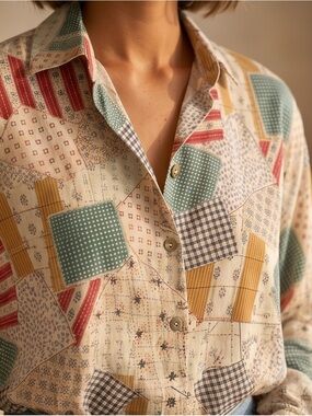 Vintage Van Heusen for HerCasual Patchwork Print Long-Sleeve Shirt - Cream Multi